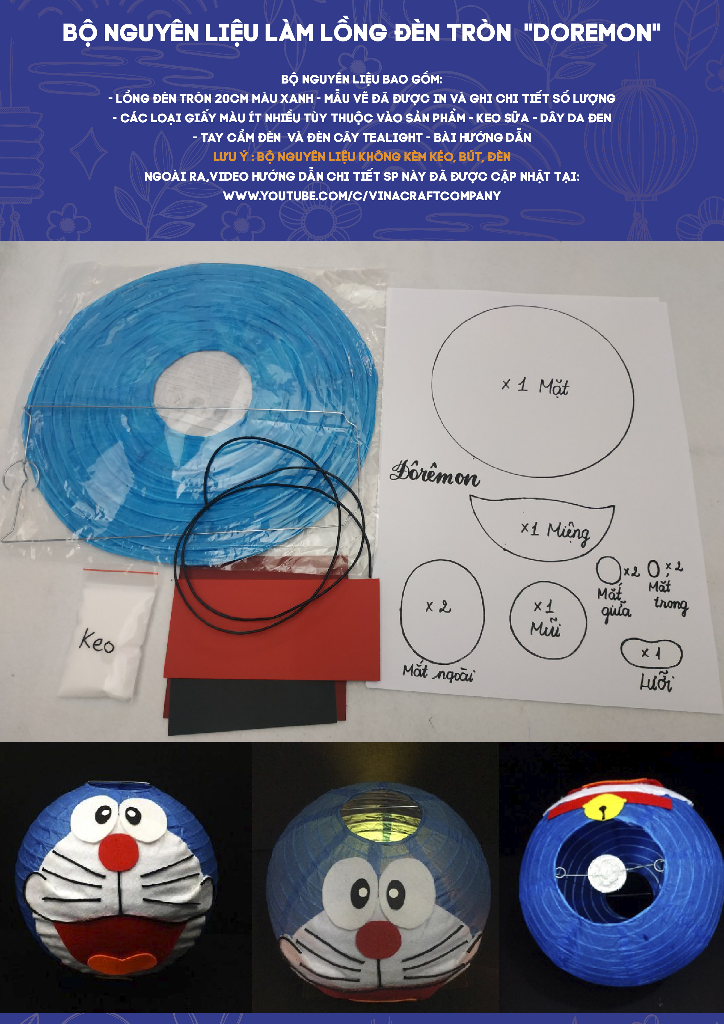 Bộ nguyên liệu lồng đèn tròn:” Đoraemon”